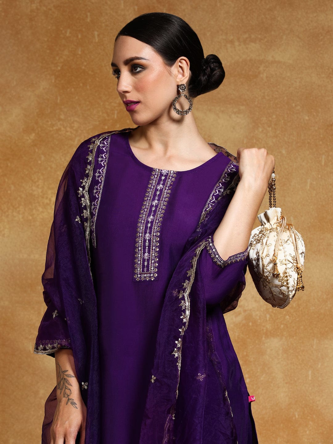 The Kurti Collection Women-Thread & Sequin Embroidered Yoke Kurta With Trouser & Scallop Dupatta