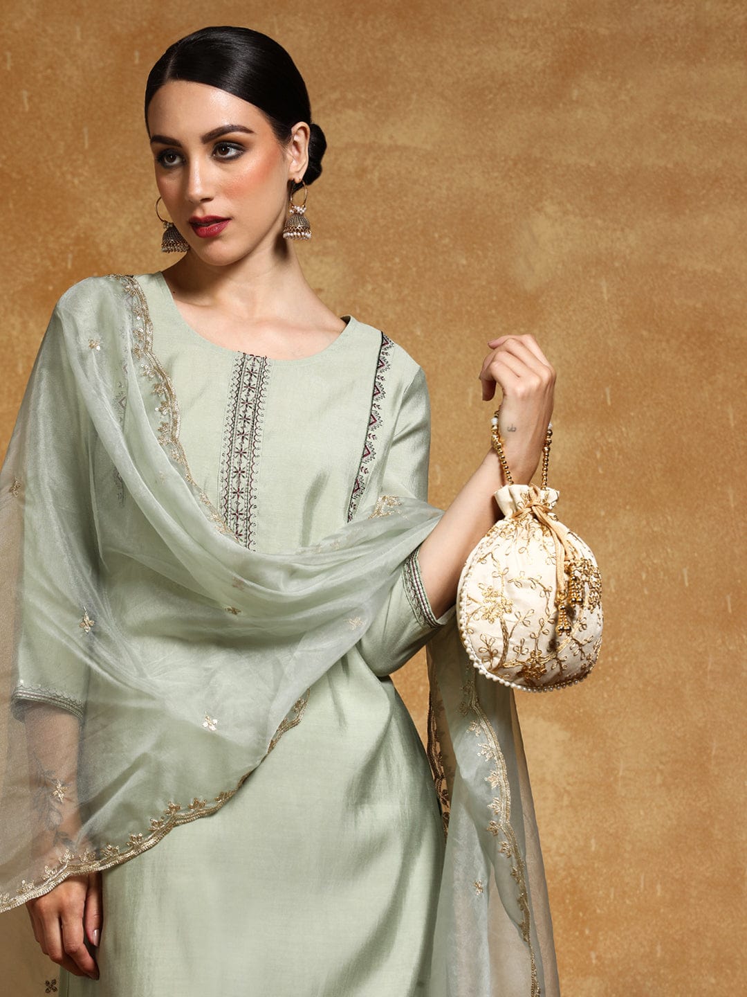 The Kurti Collection Women-Thread & Sequin Embroidered Yoke Kurta With Trouser & Scallop Dupatta