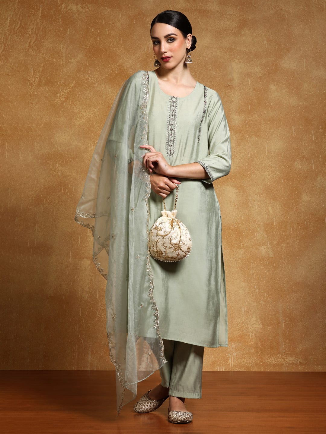 The Kurti Collection Women-Thread & Sequin Embroidered Yoke Kurta With Trouser & Scallop Dupatta