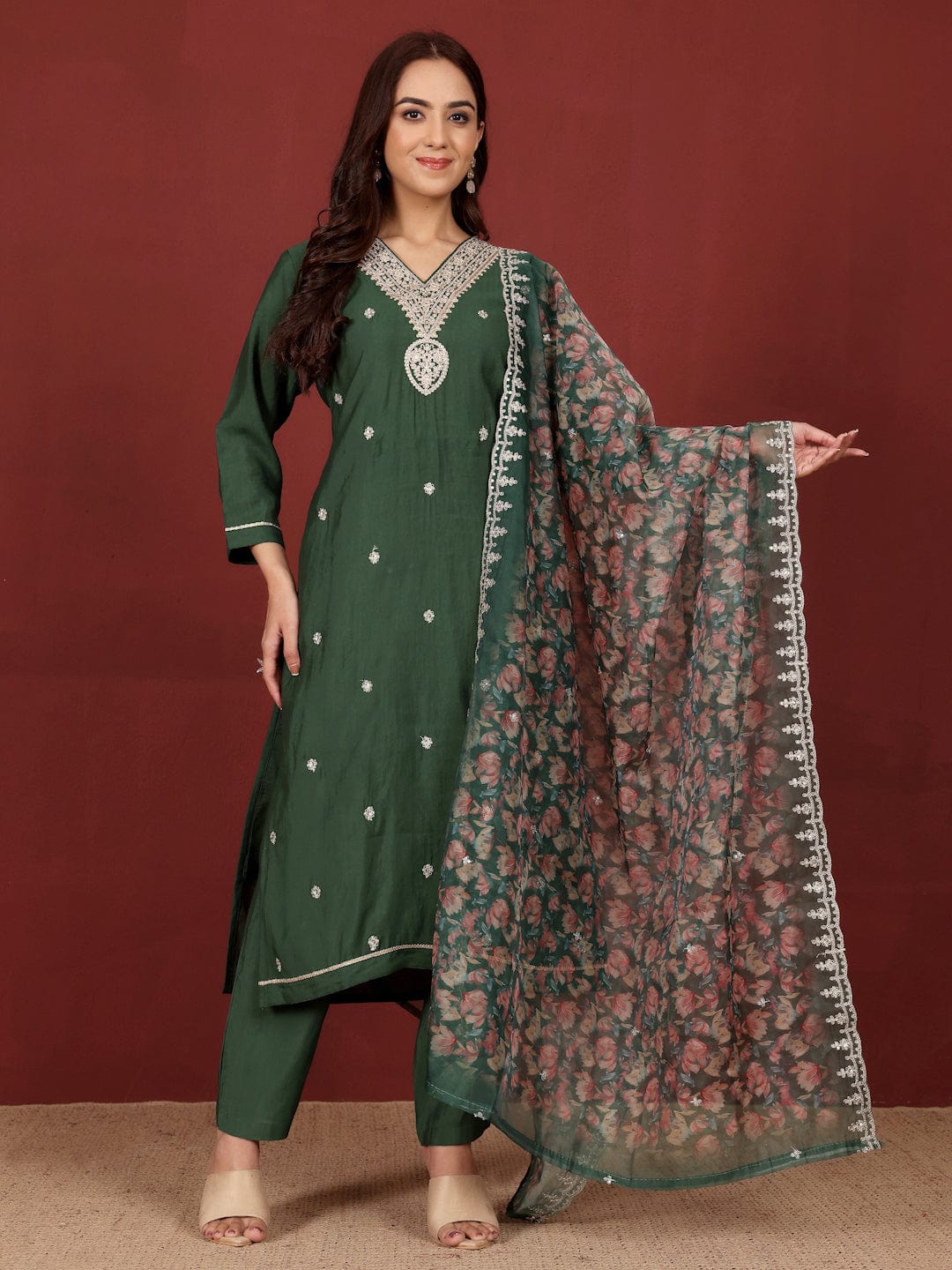 The Kurti Collection Women Zari & Sequin Embroidered V Neck Kurta With Trouser & Floral Printed Dupatta