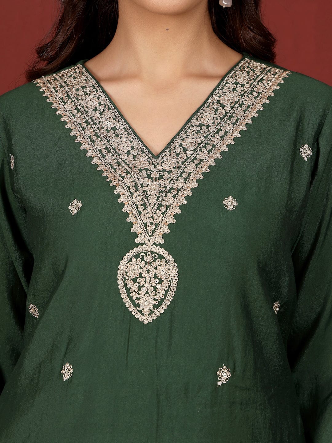 The Kurti Collection Women Zari & Sequin Embroidered V Neck Kurta With Trouser & Floral Printed Dupatta