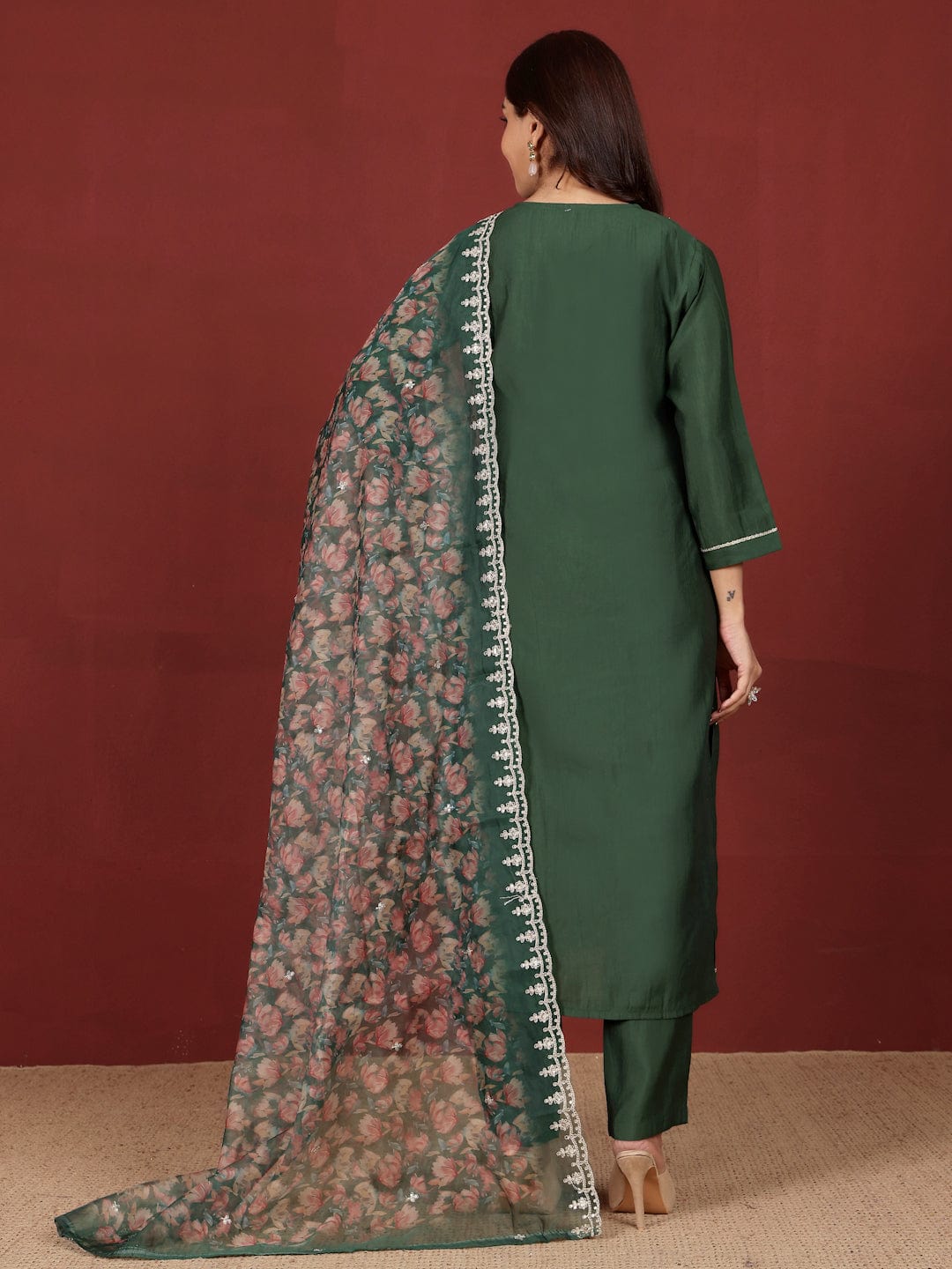 The Kurti Collection Women Zari & Sequin Embroidered V Neck Kurta With Trouser & Floral Printed Dupatta