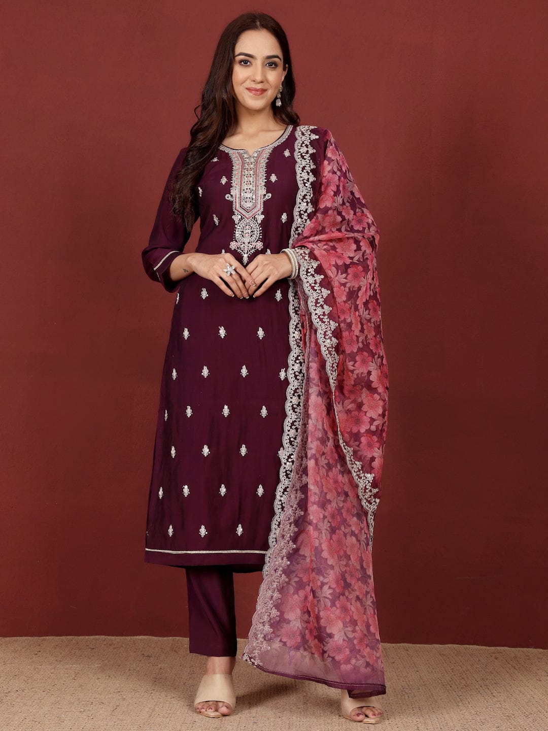 The Kurti Collection Women Zari & Sequin Embroidered Kurta With Trouser & Floral Printed Dupatta