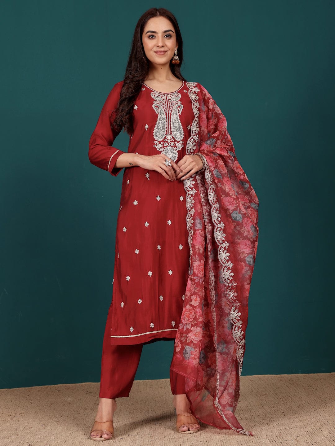 The Kurti Collection Women Zari & Sequin Embroidered Round Neck Kurta With Trouser & Floral Printed Dupatta