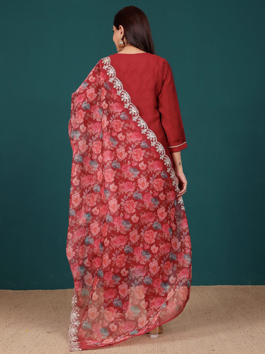 The Kurti Collection Women Zari & Sequin Embroidered Round Neck Kurta With Trouser & Floral Printed Dupatta
