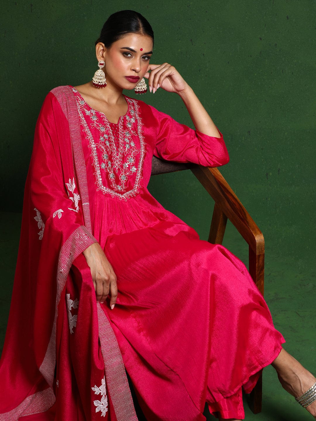 The Kurti Collection Women Thread & Sequin Embroidere Yoke Gathered Kurta With Trouser & Dupatta