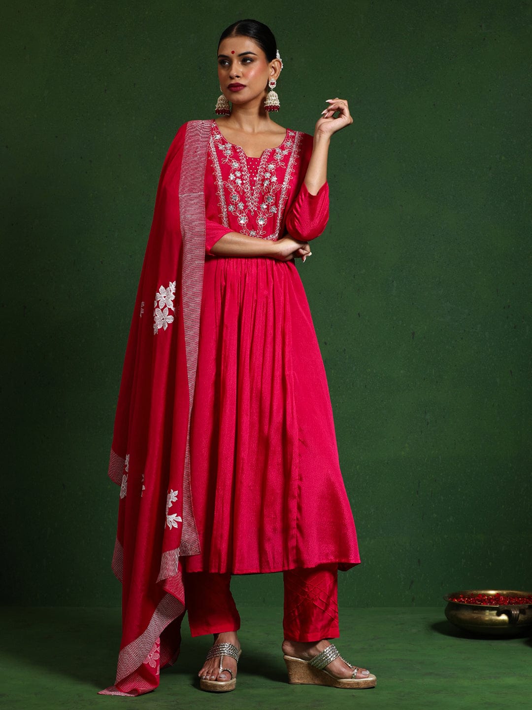 The Kurti Collection Women Thread & Sequin Embroidere Yoke Gathered Kurta With Trouser & Dupatta