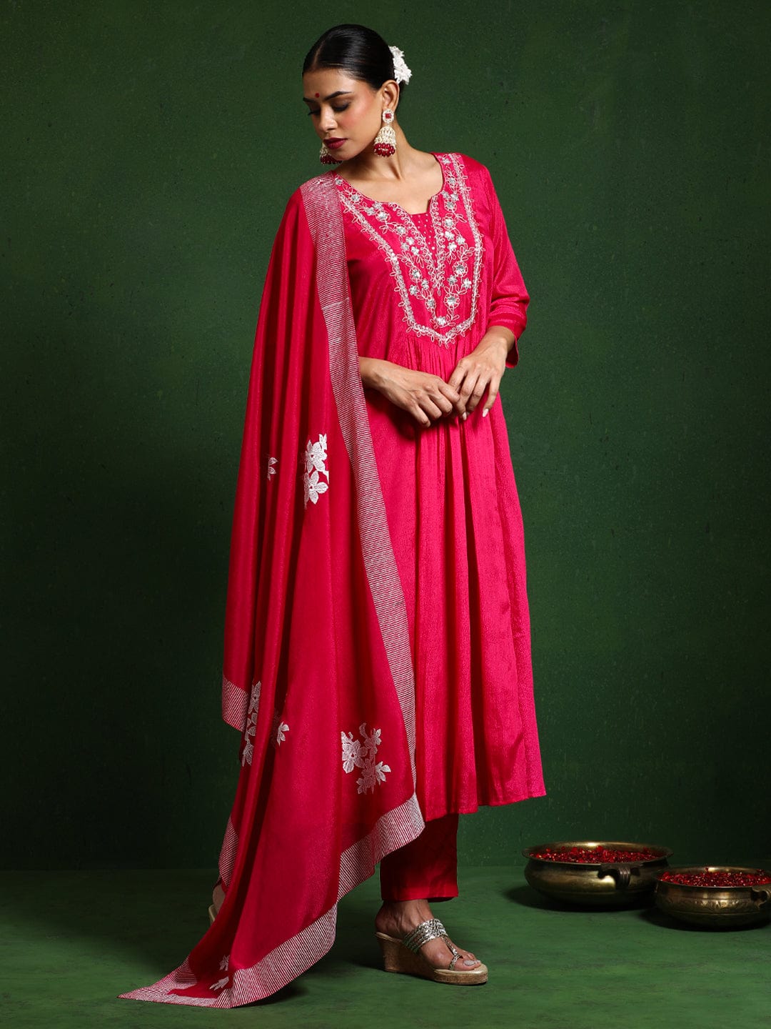 The Kurti Collection Women Thread & Sequin Embroidere Yoke Gathered Kurta With Trouser & Dupatta