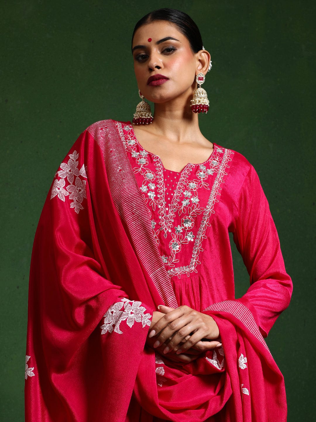 The Kurti Collection Women Thread & Sequin Embroidere Yoke Gathered Kurta With Trouser & Dupatta