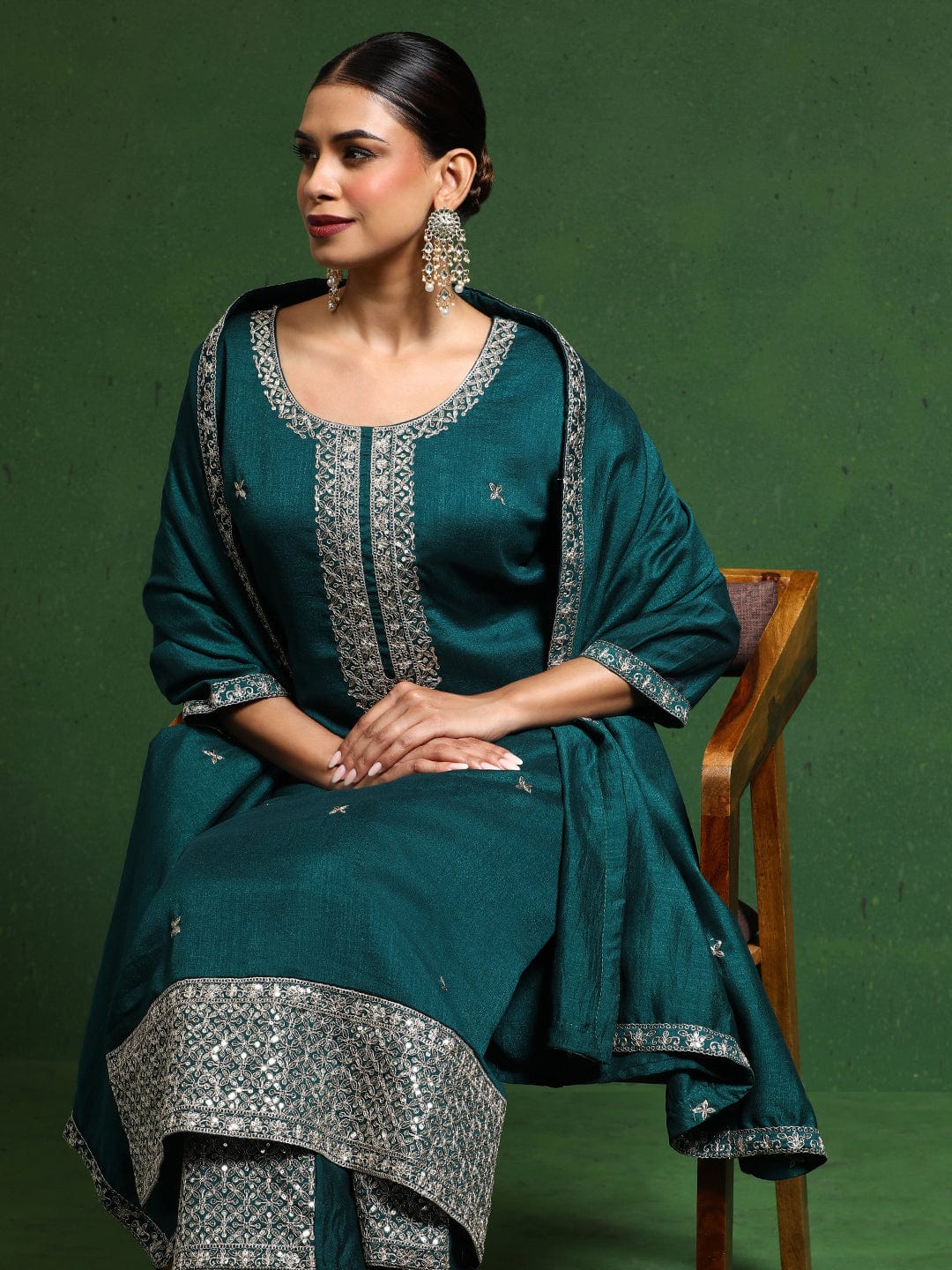 The Kurti Collection Women Zari & Sequin Embroidered Kurta With Trouser & Dupatta