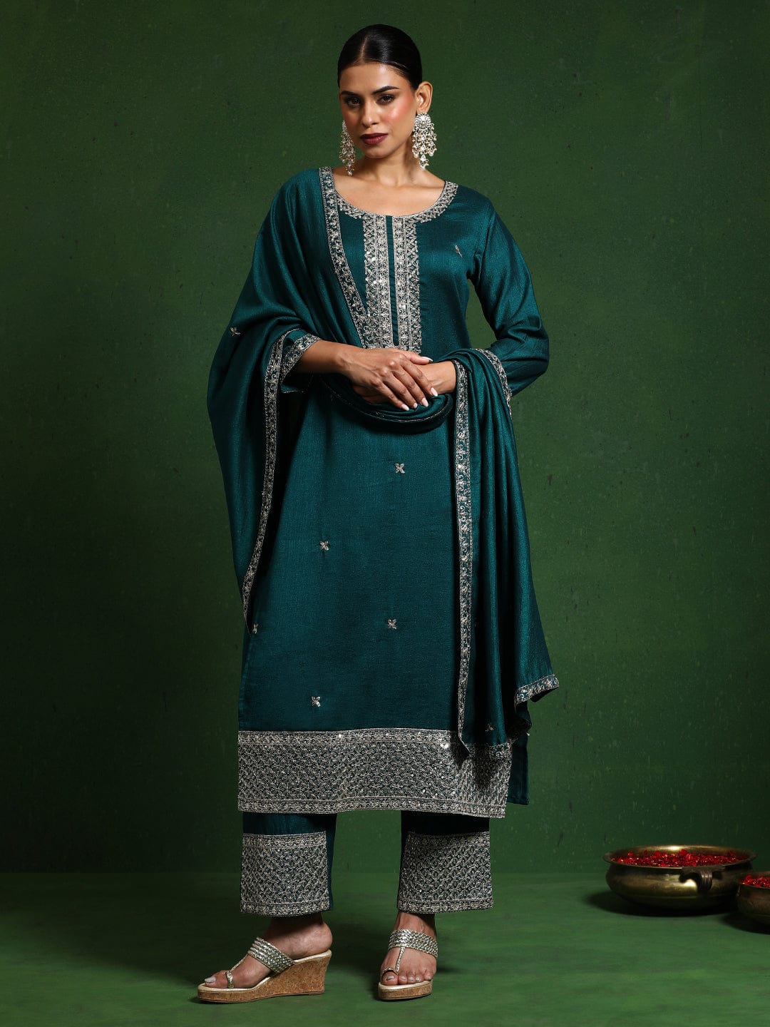 The Kurti Collection Women Zari & Sequin Embroidered Kurta With Trouser & Dupatta