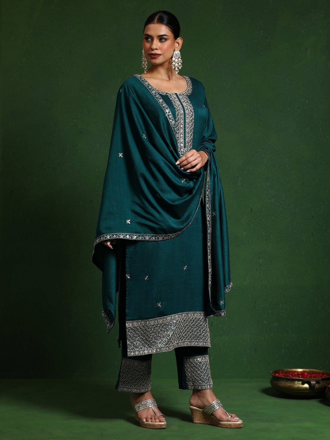 The Kurti Collection Women Zari & Sequin Embroidered Kurta With Trouser & Dupatta