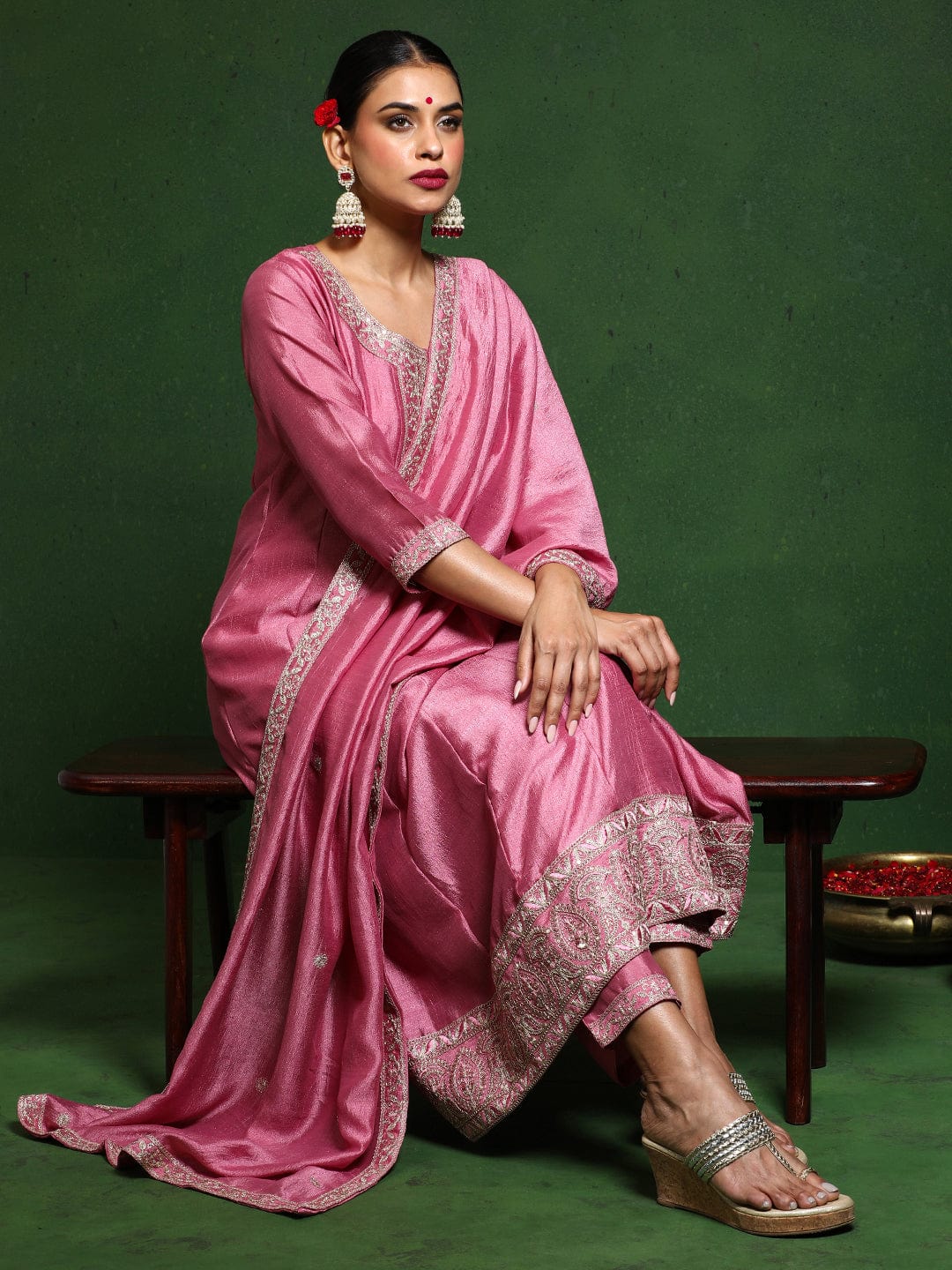 The Kurti Collection Women Zari Embroidered Anarkali Kurta With Trouser & Dupatta