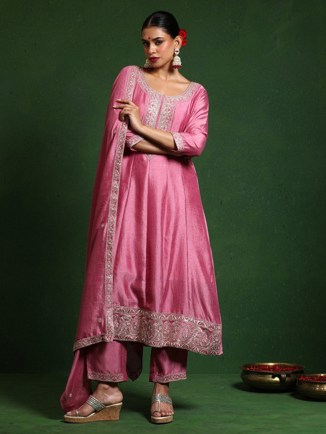 The Kurti Collection Women Zari Embroidered Anarkali Kurta With Trouser & Dupatta