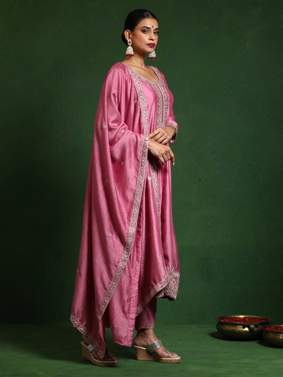 The Kurti Collection Women Zari Embroidered Anarkali Kurta With Trouser & Dupatta