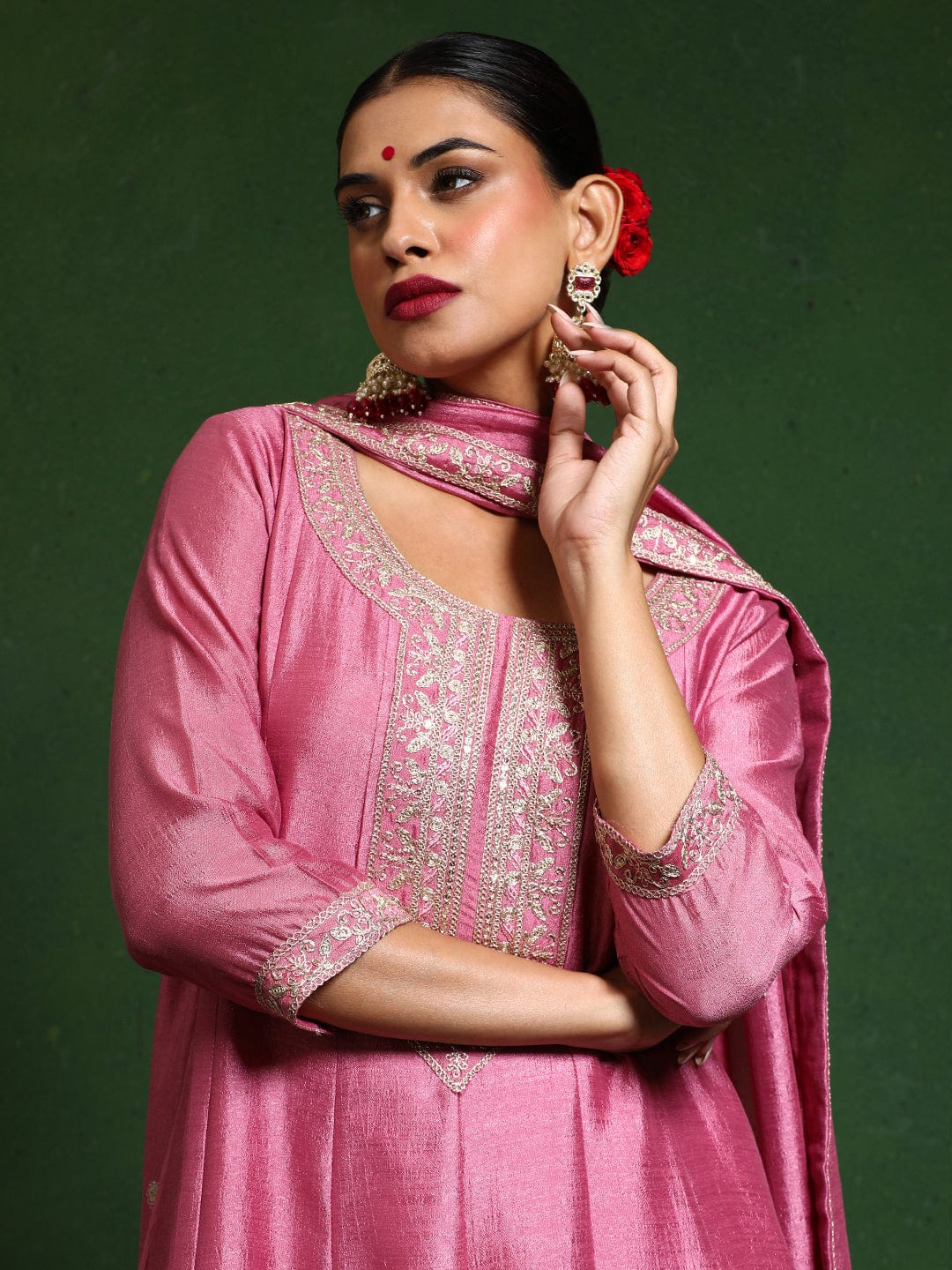 The Kurti Collection Women Zari Embroidered Anarkali Kurta With Trouser & Dupatta