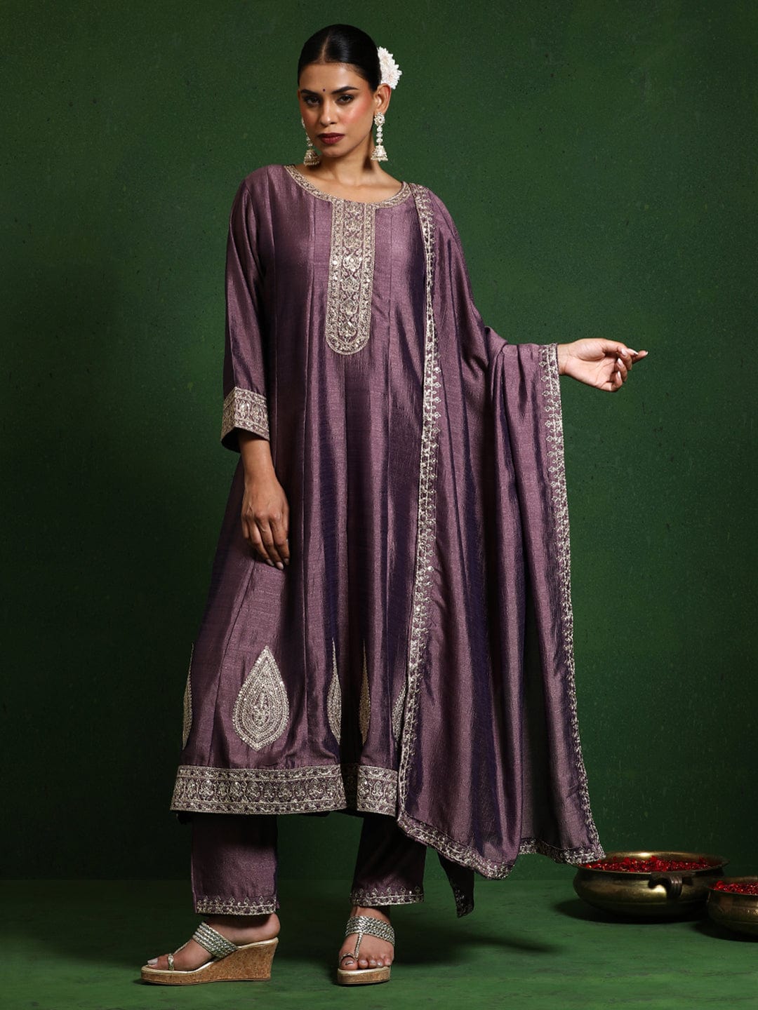 The Kurti Collection Women Zari Embroidered Anarkali Kurta With Trouser & Dupatta