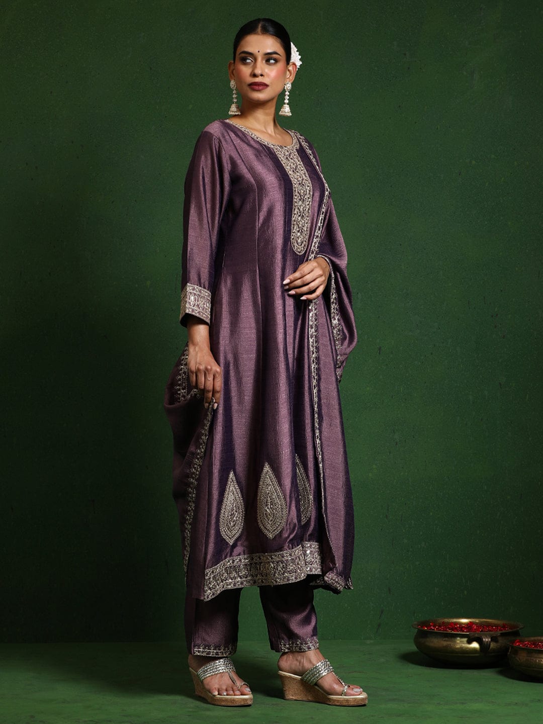 The Kurti Collection Women Zari Embroidered Anarkali Kurta With Trouser & Dupatta
