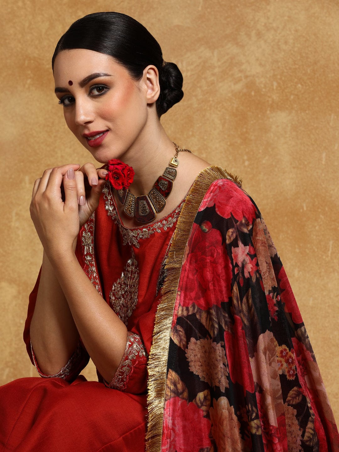 The Kurti Collection Women-Zari Embroidered Yoke Anarkali Kurta With Trouser & Dupatta