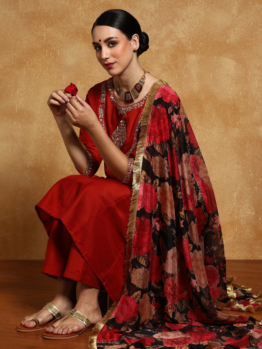 The Kurti Collection Women-Zari Embroidered Yoke Anarkali Kurta With Trouser & Dupatta