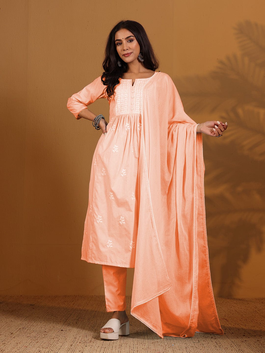 The Kurti Collection Women Round Neck Chikankari Embroidered Three Quarter Sleeve Kurta With Trouser & Dupatta