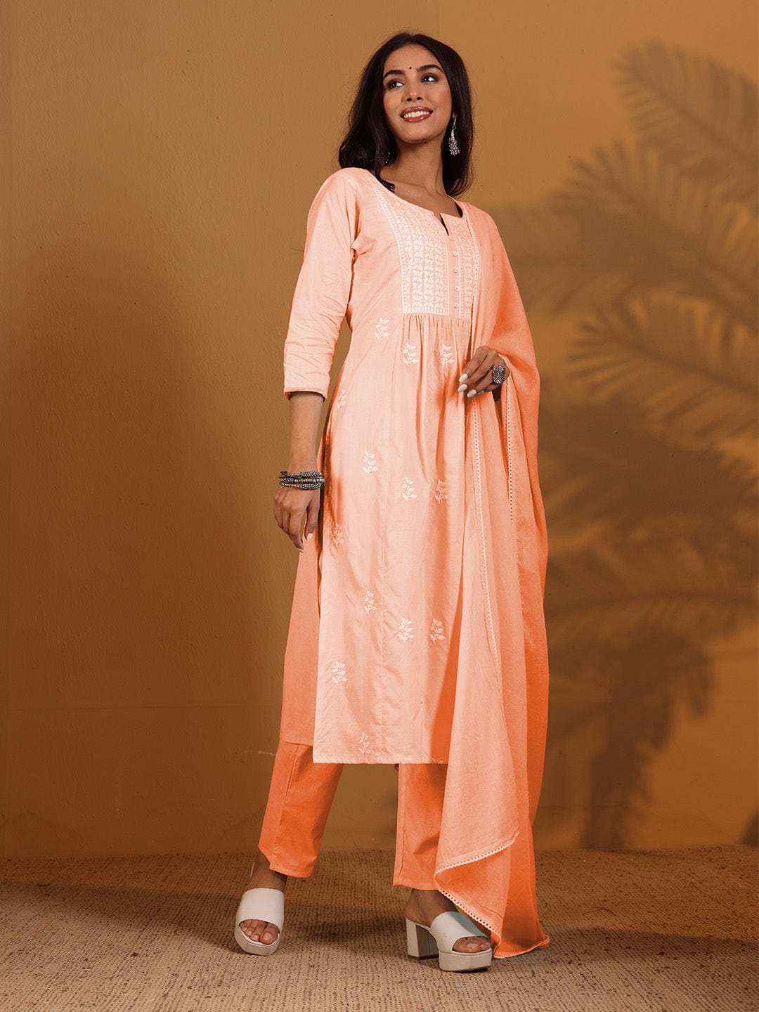 The Kurti Collection Women Round Neck Chikankari Embroidered Three Quarter Sleeve Kurta With Trouser & Dupatta