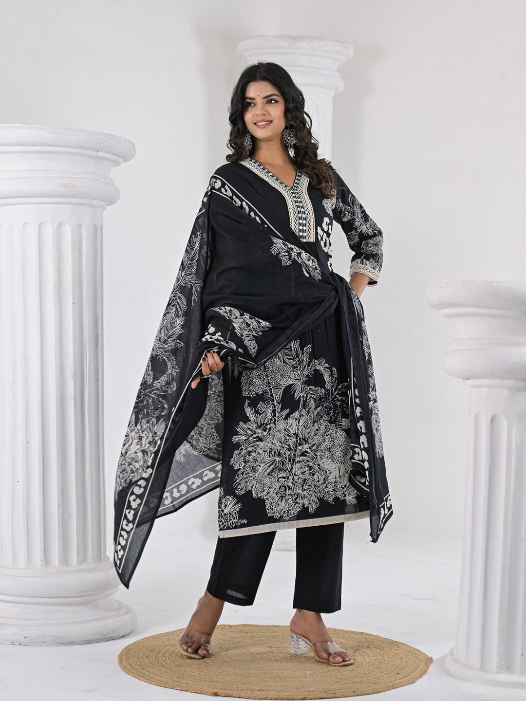 The Kurti Collection Women Floral Printed V Neck Thread Embroidered Kurta With Trouser & Dupatta