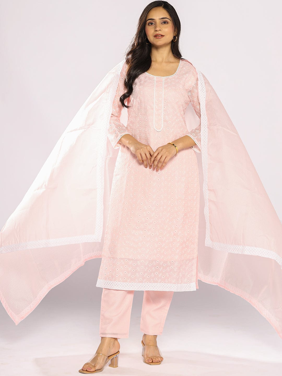 The Kurti Collection Women Floral Embroidered Regular Thread Work Kurta with Trousers & with Dupatta