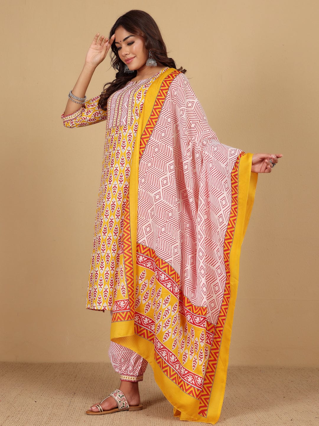 The Kurti Collection Women Ethnic Jaipuri Printed Angrakha with Salwar & Dupatta