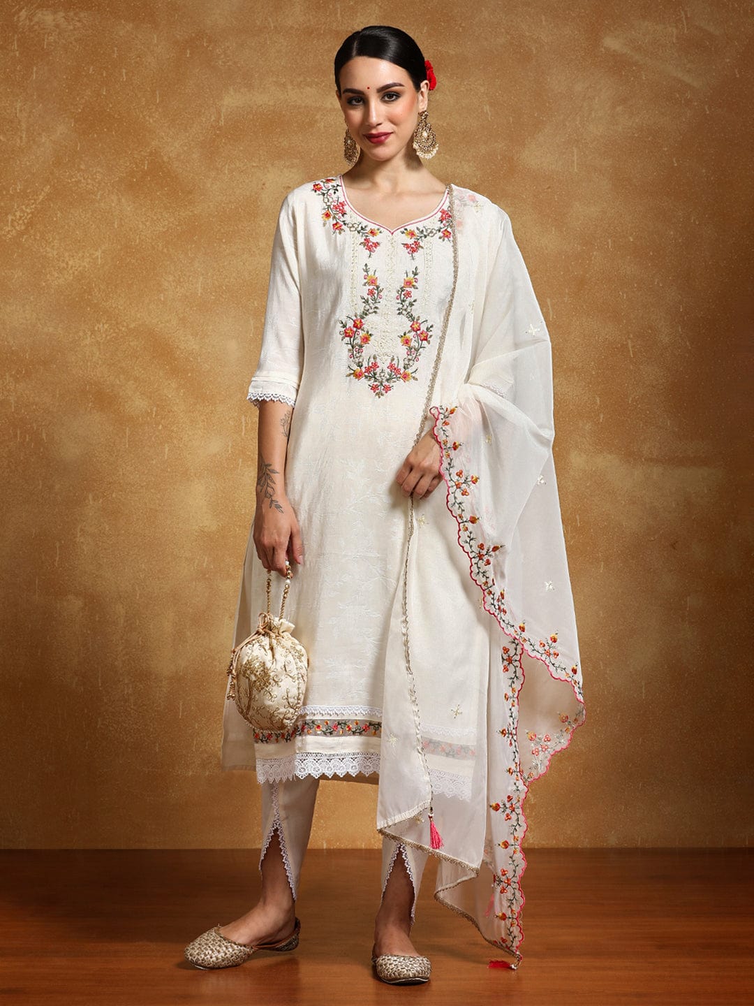 The Kurti Collection Women Floral Motif Thread Embroidered Yoke Kurta with Trouser & Dupatta