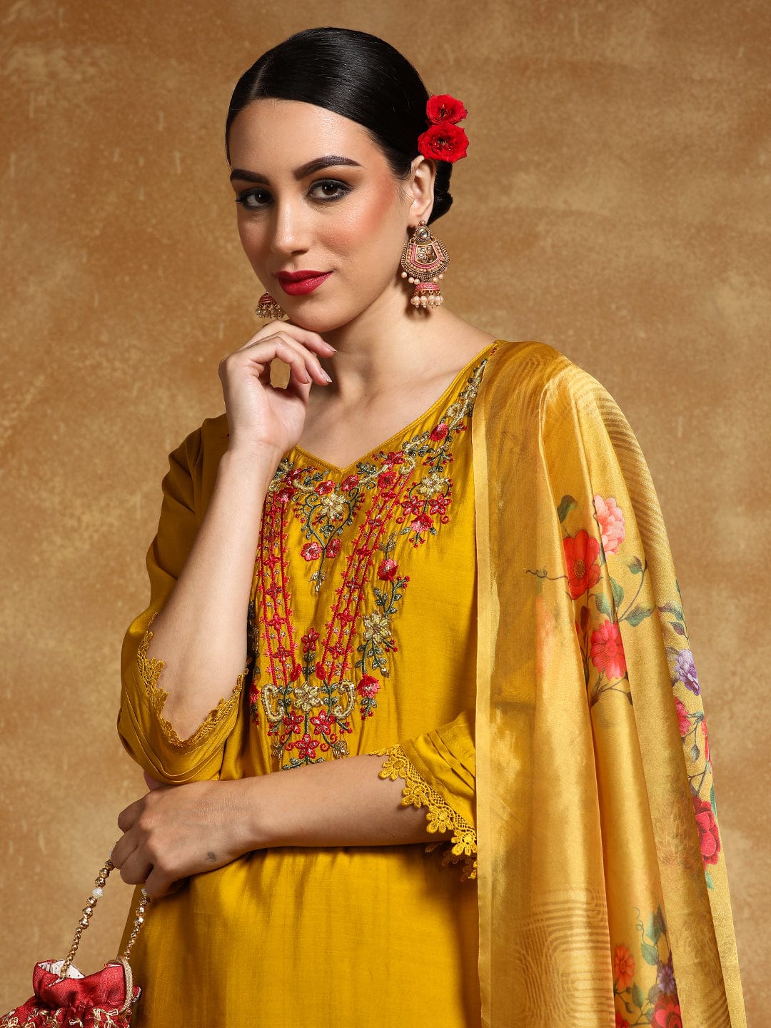 The Kurti Collection Women Floral Motif Thread Embroidered Yoke Kurta with Trouser & Dupatta