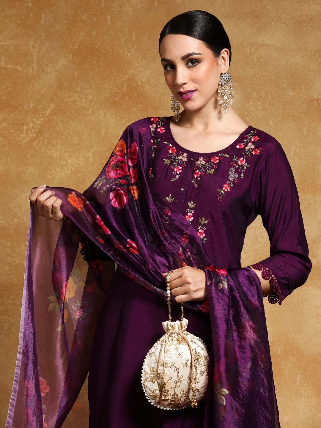 The Kurti Collection Women Floral Motif Thread Embroidered Yoke Kurta with Trouser & Dupatta