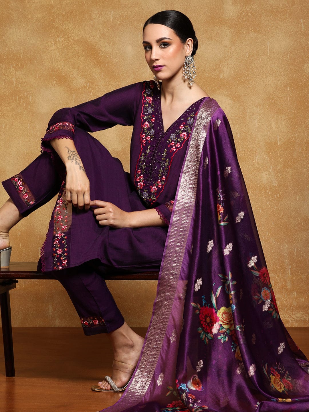 The Kurti Collection Women Floral Motif Thread Embroidered Yoke Kurta with Trouser & Dupatta