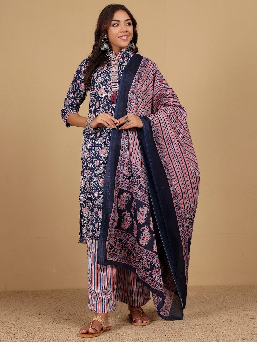 The Kurti Collection Women Ethnic Floral Printed Mandarin Collar Kurta With Stripper Trouser & Dupatta
