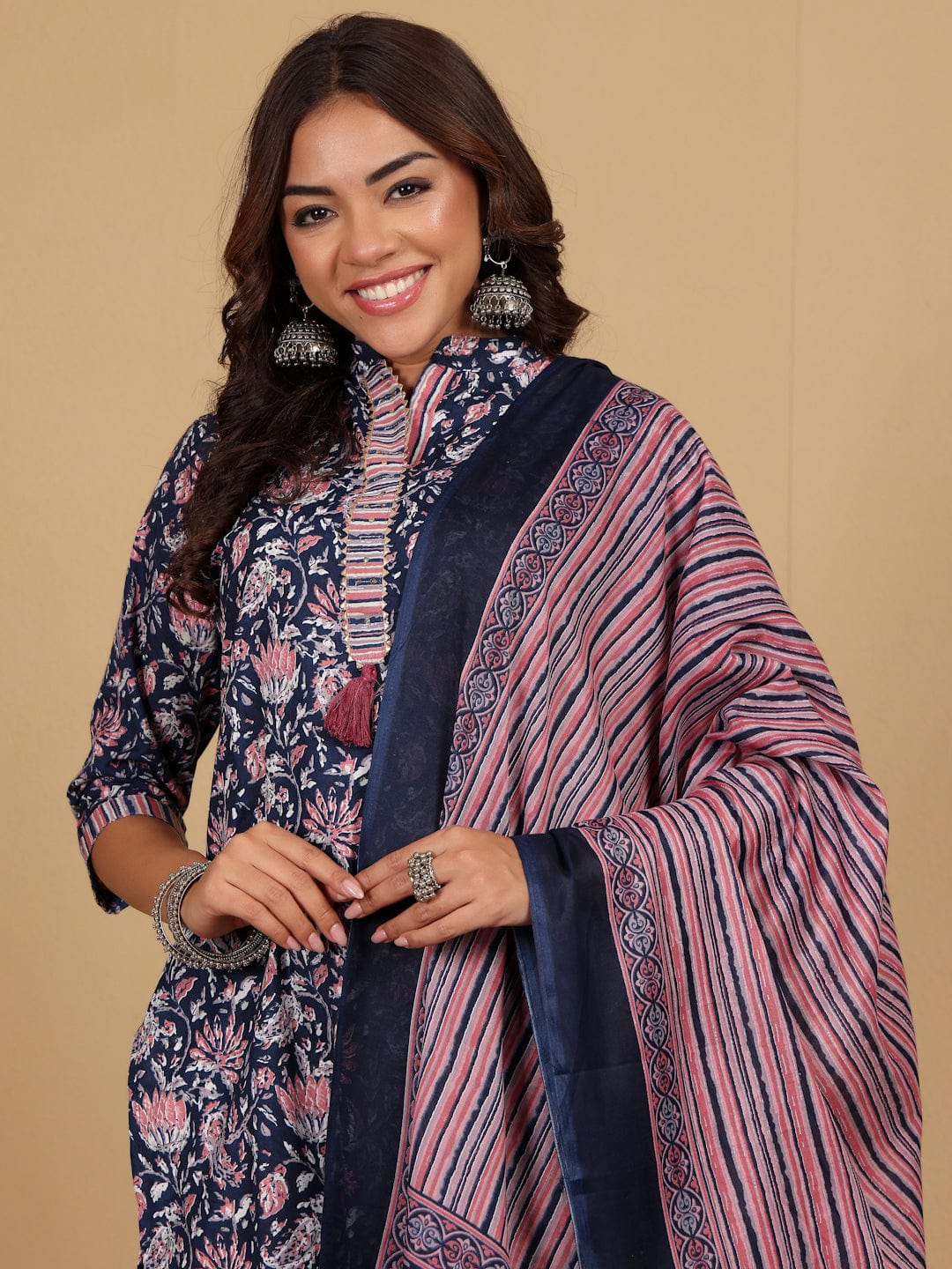 The Kurti Collection Women Ethnic Floral Printed Mandarin Collar Kurta With Stripper Trouser & Dupatta