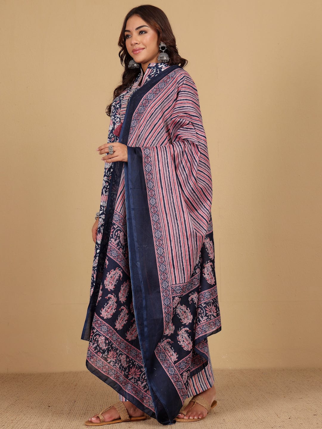 The Kurti Collection Women Ethnic Floral Printed Mandarin Collar Kurta With Stripper Trouser & Dupatta