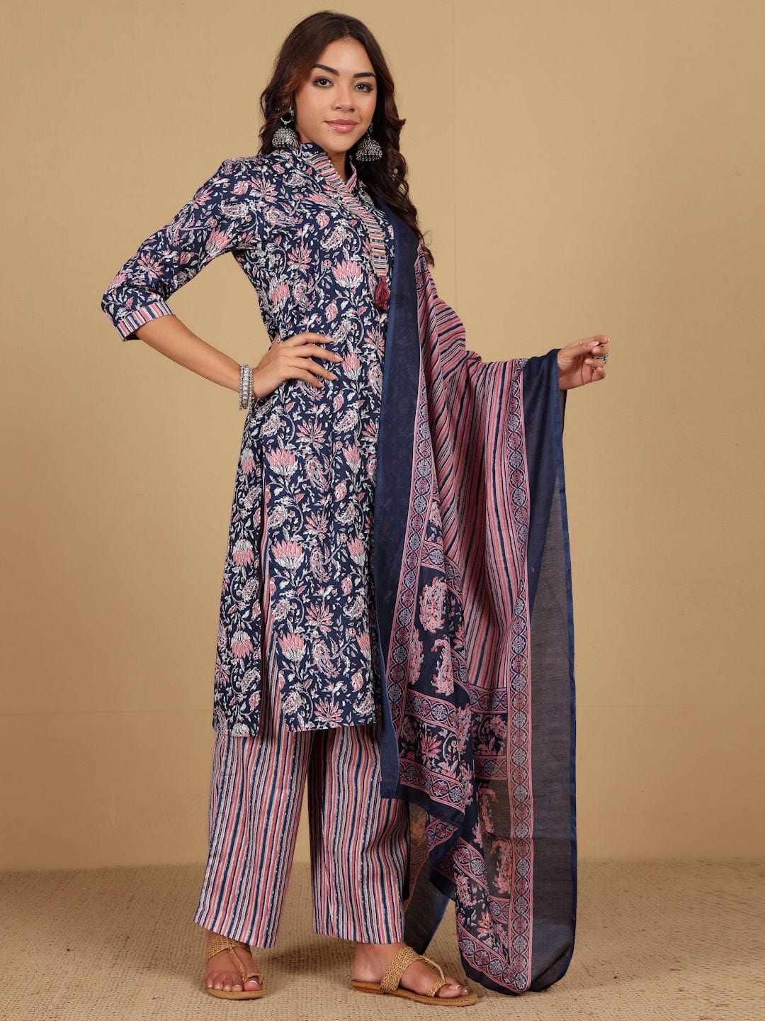 The Kurti Collection Women Ethnic Floral Printed Mandarin Collar Kurta With Stripper Trouser & Dupatta