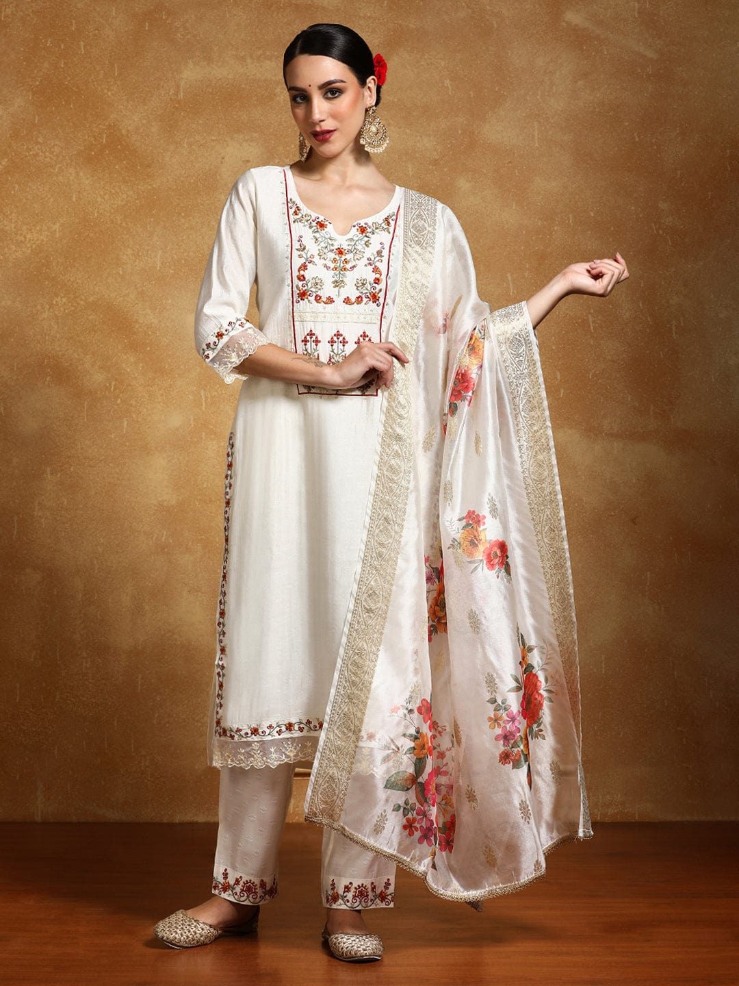 The Kurti Collection Women Floral Motif Thread Embroidered Yoke Kurta with Trouser & Dupatta