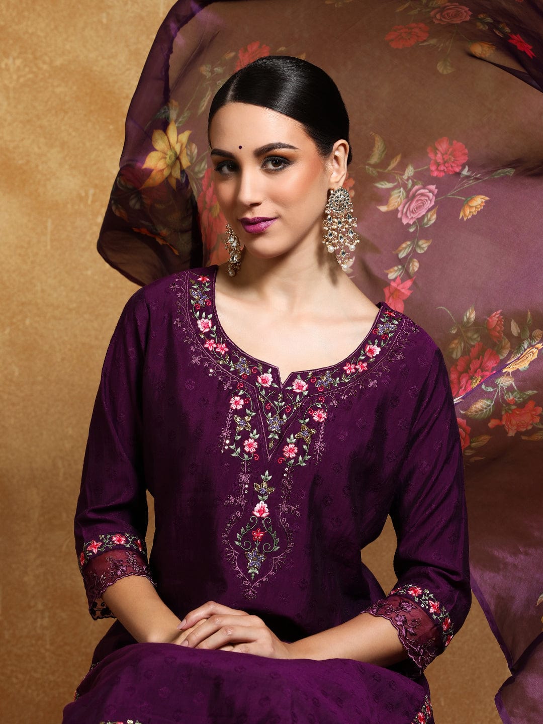 The Kurti Collection Women Floral Motif Thread Embroidered Yoke Kurta with Trouser & Dupatta