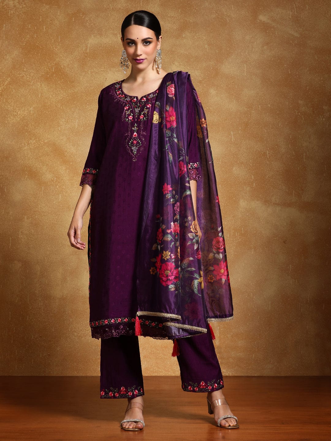 The Kurti Collection Women Floral Motif Thread Embroidered Yoke Kurta with Trouser & Dupatta