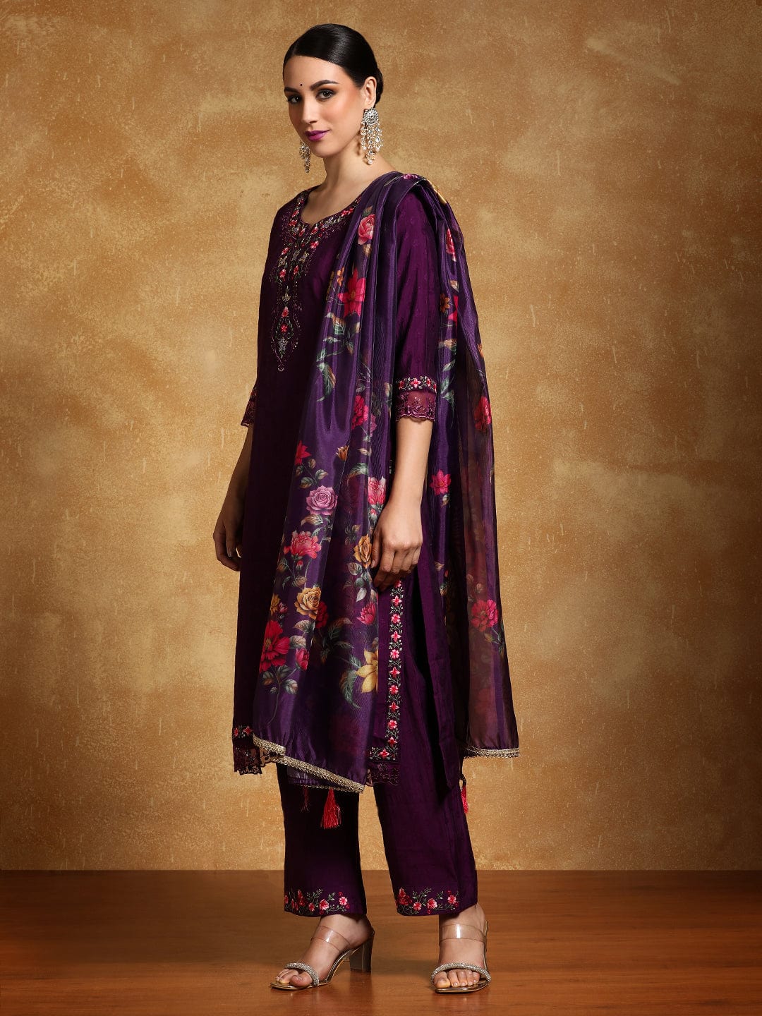 The Kurti Collection Women Floral Motif Thread Embroidered Yoke Kurta with Trouser & Dupatta