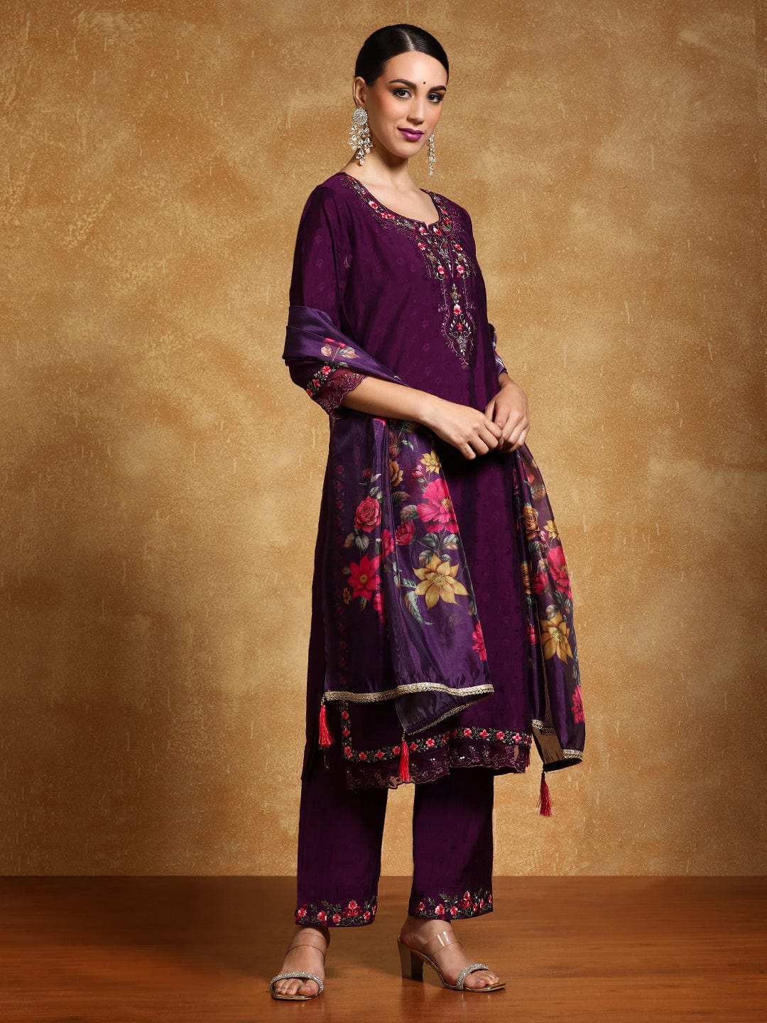 The Kurti Collection Women Floral Motif Thread Embroidered Yoke Kurta with Trouser & Dupatta