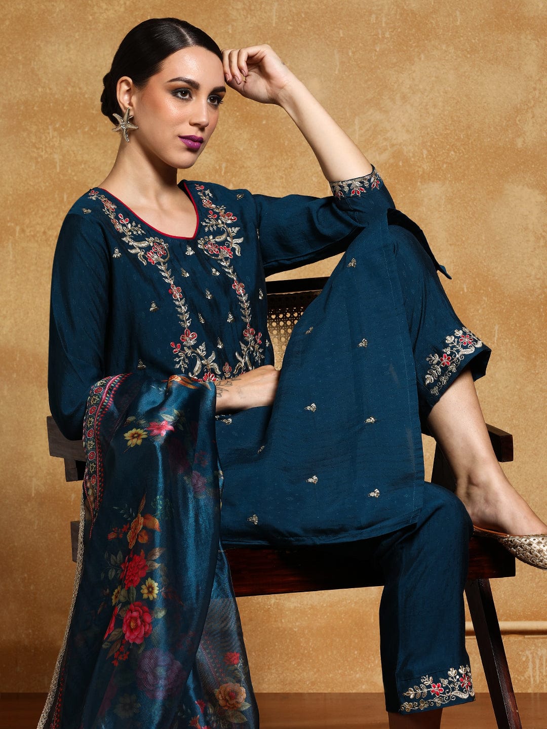 The Kurti Collection Women Zari Embroidered Yoke with all over Floral Motif Buta Kurta with Trouser & Dupatta