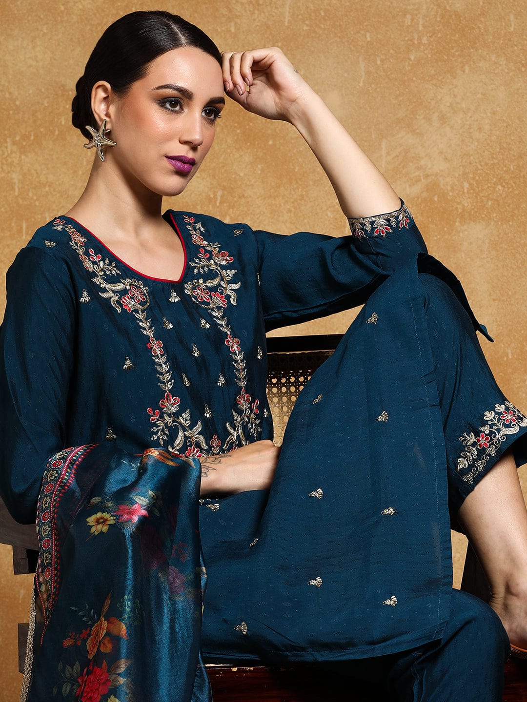 The Kurti Collection Women Zari Embroidered Yoke with all over Floral Motif Buta Kurta with Trouser & Dupatta