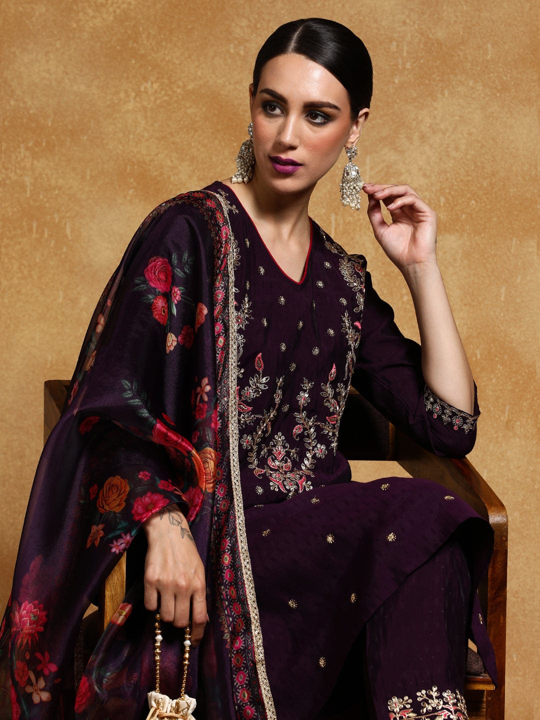 The Kurti Collection Women Zari Embroidered Yoke with all over Floral Motif Buta Kurta with Trouser & Dupatta