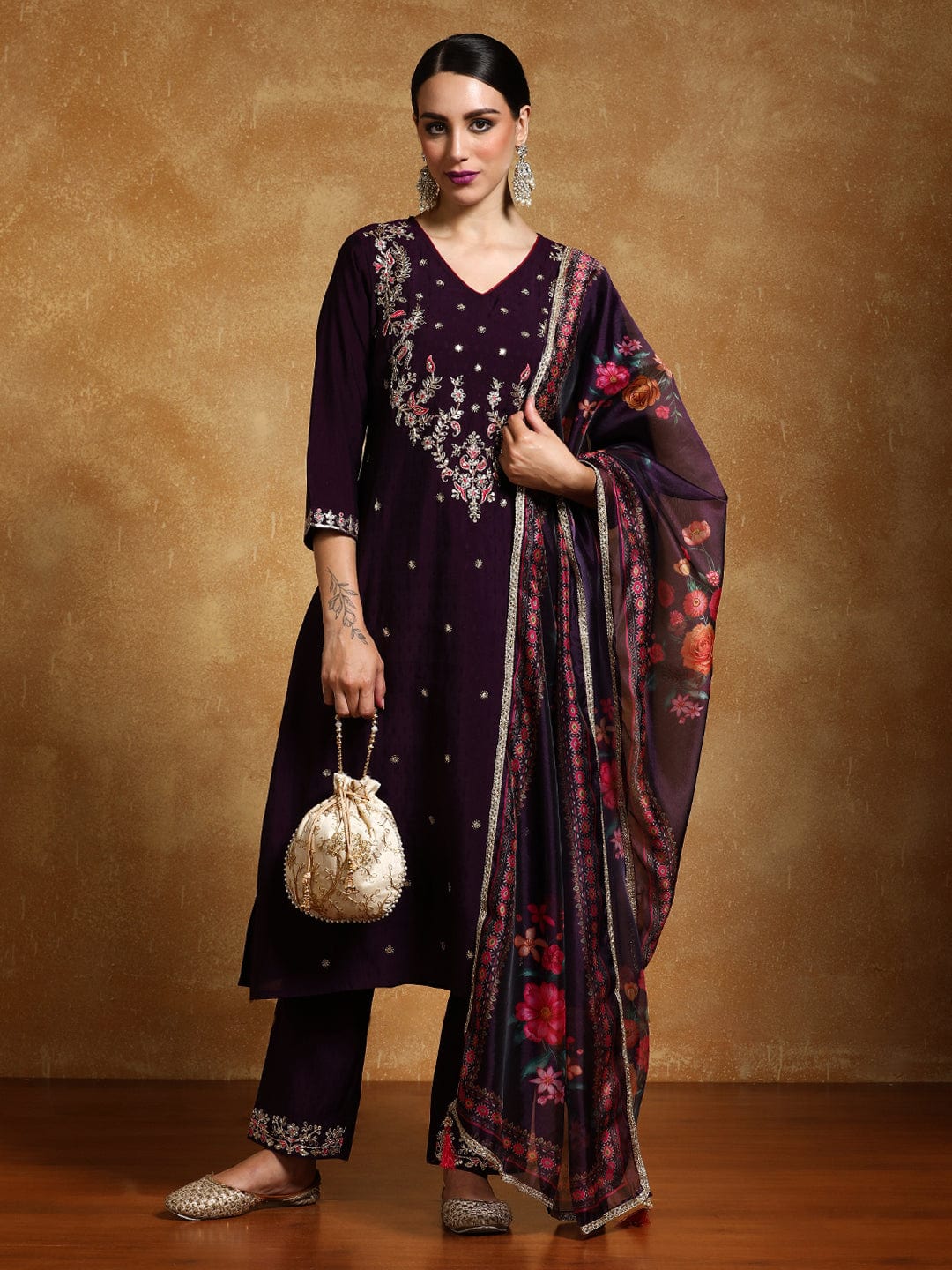 The Kurti Collection Women Zari Embroidered Yoke with all over Floral Motif Buta Kurta with Trouser & Dupatta
