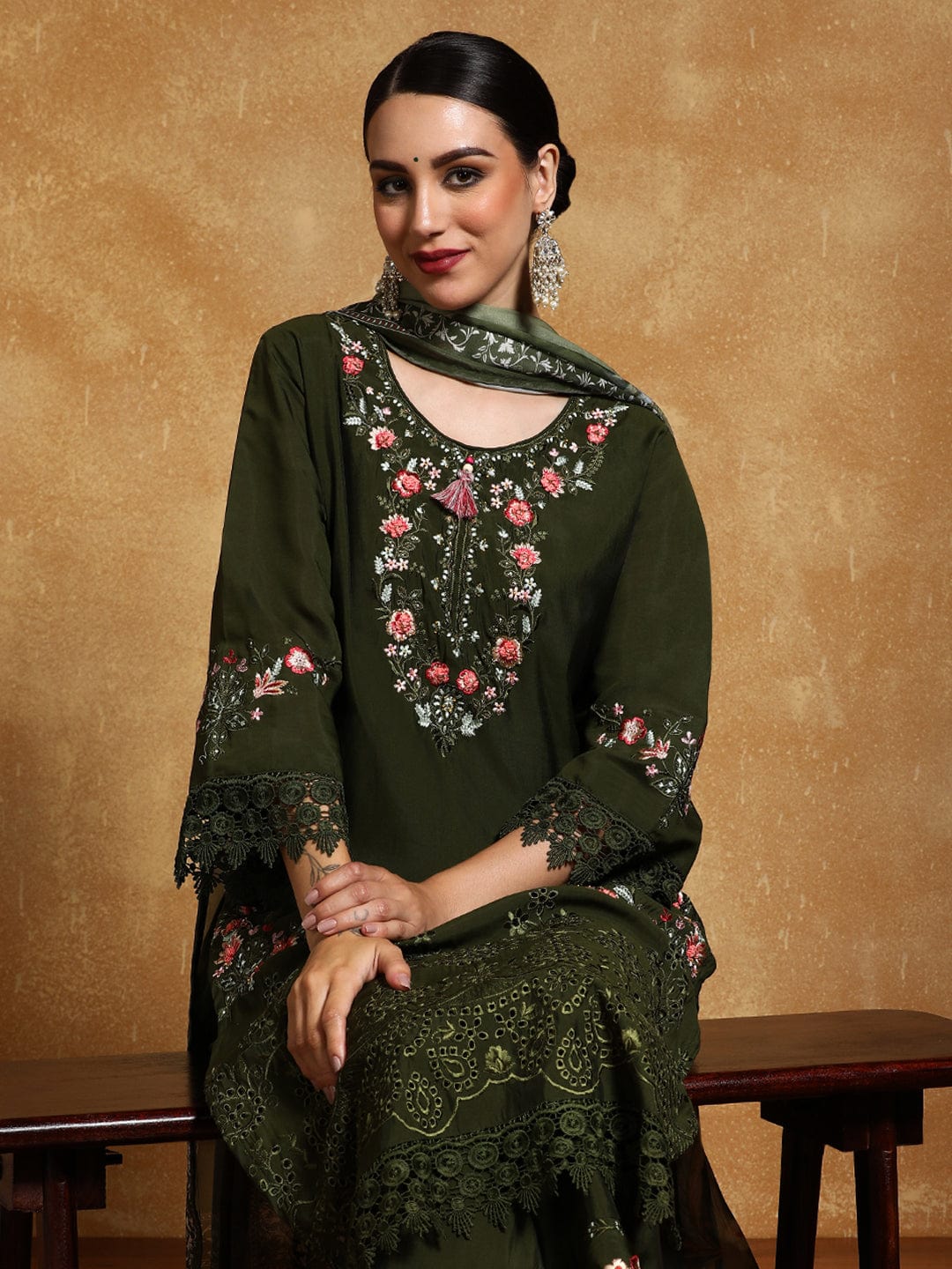 The Kurti Collection Women Floral Heavy Thread Embroidered Schffili Hem Kurta with Trouser & Dupatta