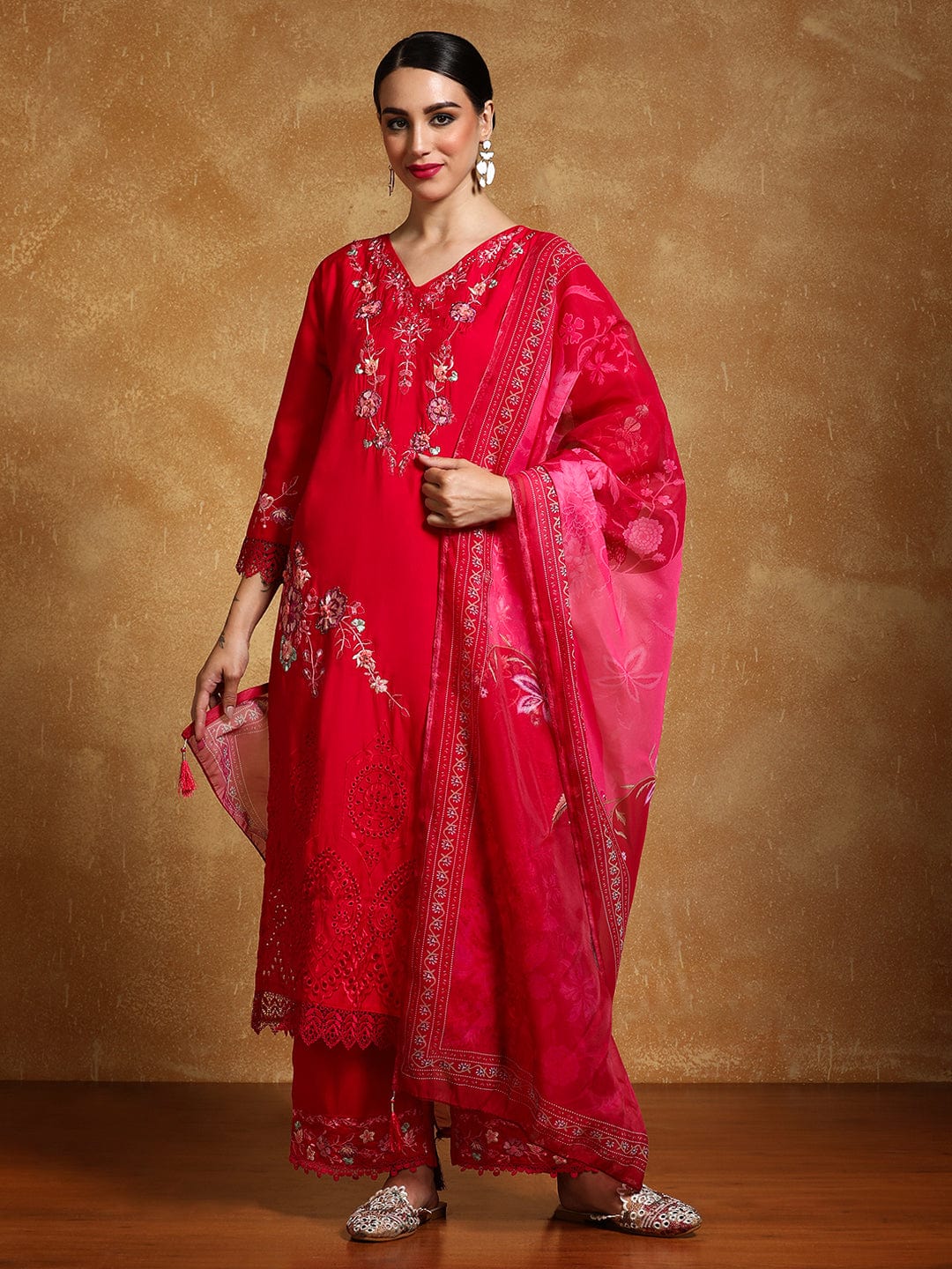 The Kurti Collection Women Floral Heavy Thread Embroidered Schffili Hem Kurta with Trouser & Dupatta