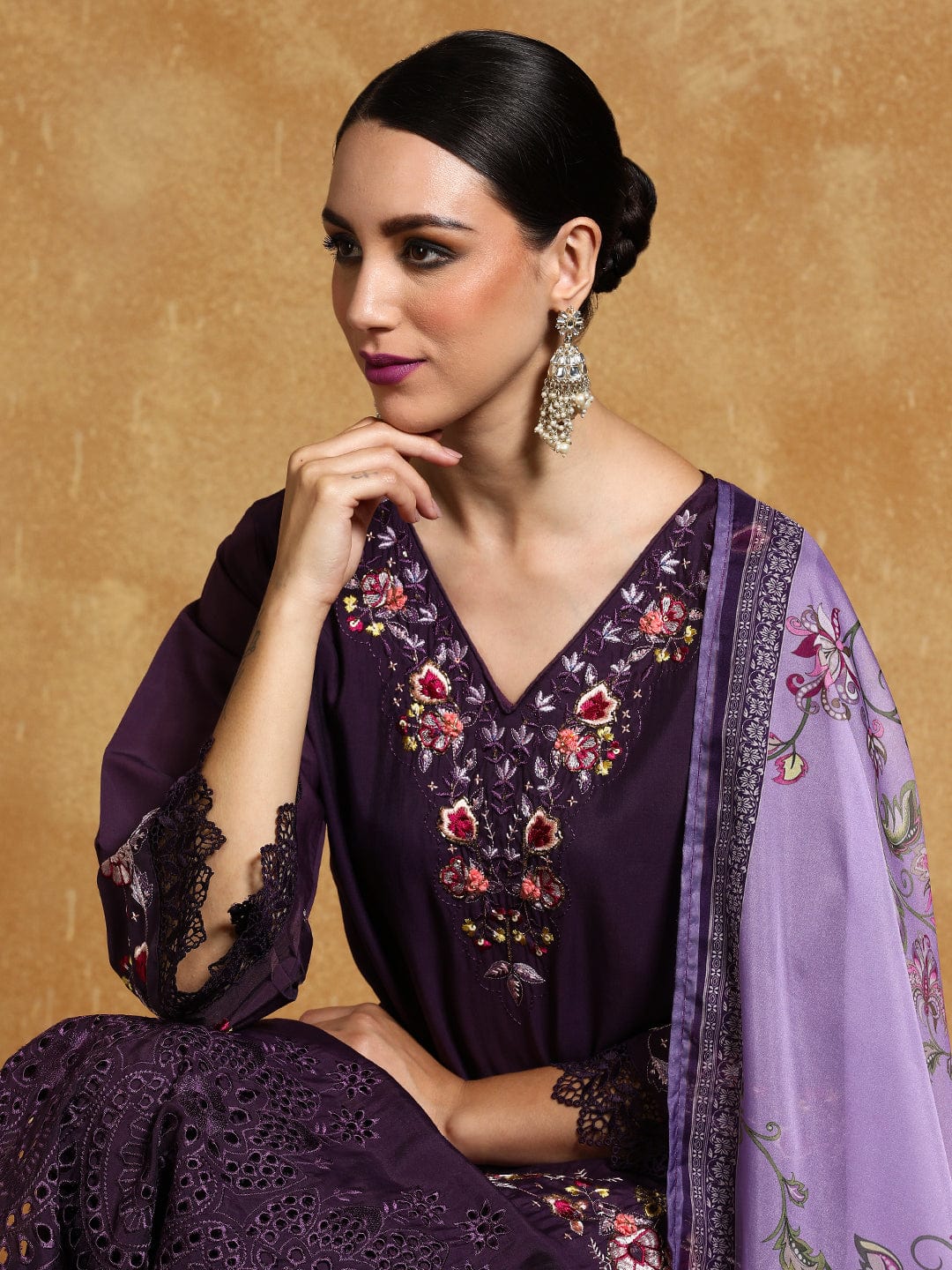 The Kurti Collection Women Floral Heavy Thread Embroidered Schffili Hem Kurta with Trouser & Dupatta