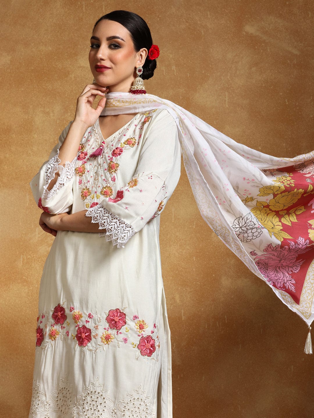 The Kurti Collection Women Floral Heavy Thread Embroidered Schffili Hem Kurta with Trouser & Dupatta